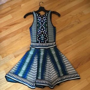 Blue, green, and white patterned dress
